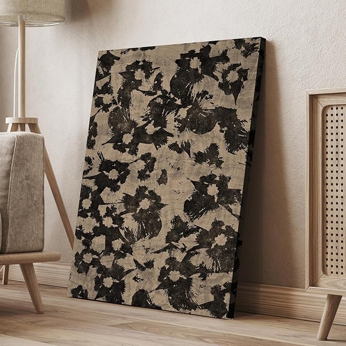 Framed Abstract Canvas Wall Art Neutral Abstract Floral Print Vintage Minimalist Modern Neutral Botanical Wall Art Hand Painted Black Blooming Flowers Artwork for Living Room Bedroom, Ready to Hang