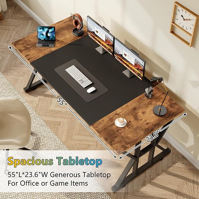 TVU Computer Desk, 55 inch Large Office Desk, Study Writing Table with Thicken Frame, Gaming Desk, Modern Simple Desk for Home Office, Rustic Brown/Black