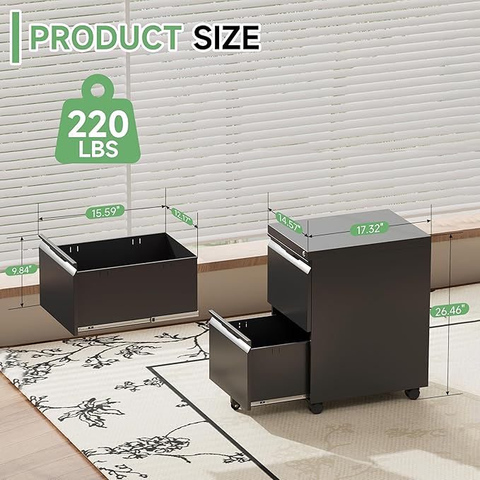 2 Drawer File Cabinet with Lock,Small Filing Cabinet for Home Office,Rolling Metal File Cabinets with Wheels for Letters/Legal/A4 Size, Assembly Required,Black