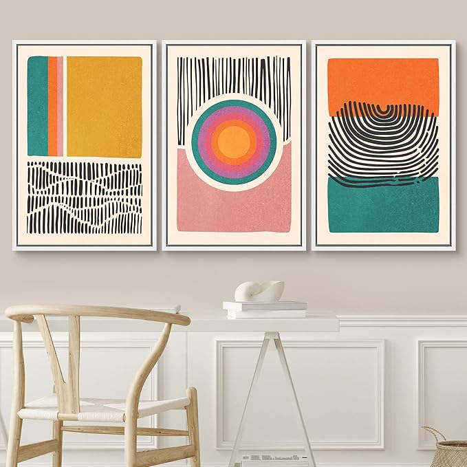 SIGNWIN Framed Canvas Print Wall Art Set Mid-Century Multicolor Color Block Shape Abstract Geometric Illustrations Graffiti & Street Art Modern Art for Living Room, Bedroom, Office - 24"x36"x3 White