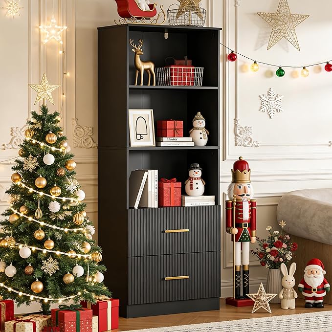 Black Bookshelf with Drawers, 63" Tall Bookshelf with Storage, 3 Shelf Modern Bookcase with Adjustable Shelf, Open Shelves Bookcase, Unique Book Shelf forHome Office, Living Room, Black