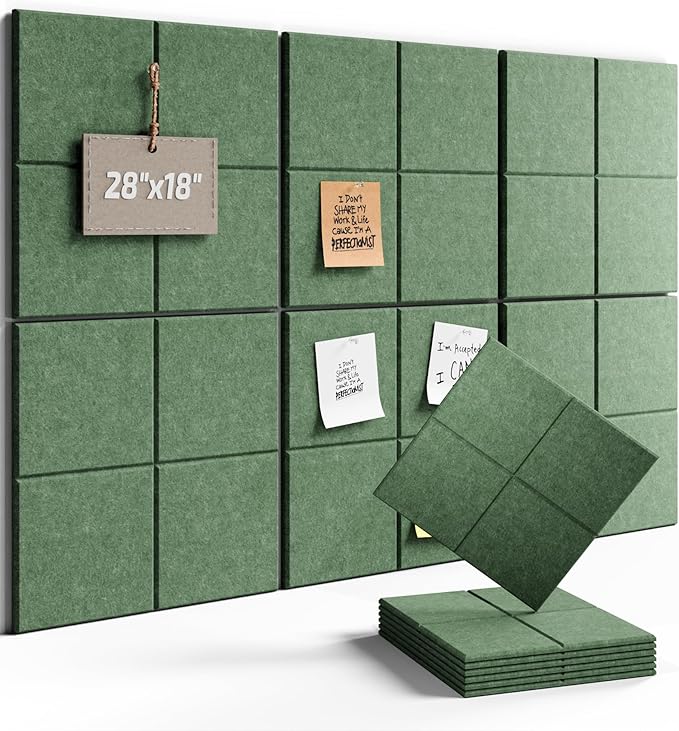 Fluxynara Felt Bulletin Board Tiles -28"x18" Cork Board Alternative for Office Decor, Push Pin Board Wall Organizer 6-Pack - Moss Green