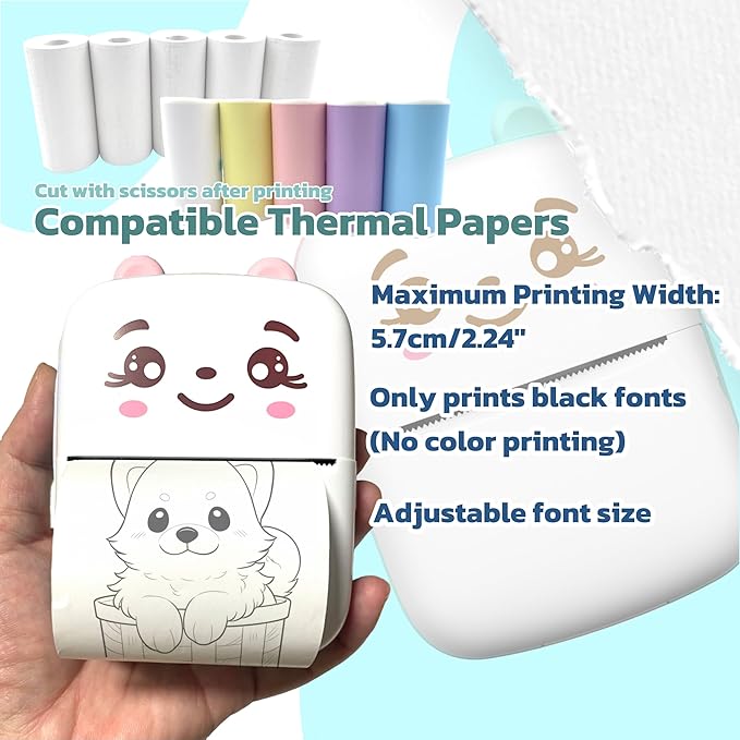 Sticker Printer with 10 PaperRolls ，Mini Portable Thermal Printing Pod， Ink-Free Bluetooth Label Maker Perfect Girls, DIY Crafts, Journals, Photos, Office & Home Use Printing Gift (Pink)