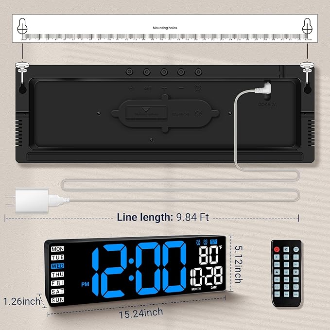 16.5" Large Digital Wall Clock with Remote Control, Auto-Dimming LED Display with Date Temp, Big Number Wall Mount Decor Clock for Seniors, Classroom, Dorm, Home, Office, Gym Blue