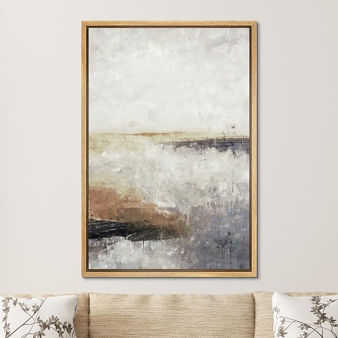 SIGNFORD Framed Canvas Print Wall Art Brown Gray Pastel Minimal Landscape Abstract Shapes Illustration Modern Art Decorative Nordic Chic Relax/Zen for Living Room, Bedroom, Office - 24"x36" Natural