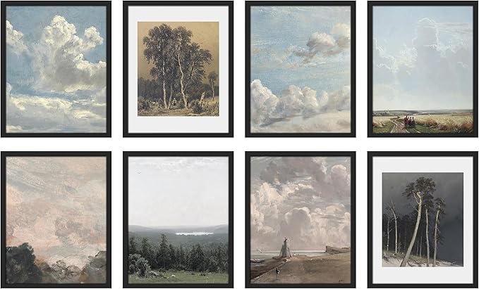 SIGNWIN Framed Poster Wall Art Set of Vintage Landscape Wall Antique Tree Cloud Art Rustic Framhouse Decor for Living Room, Bedroom, Office - 12"x16"x 8 Black