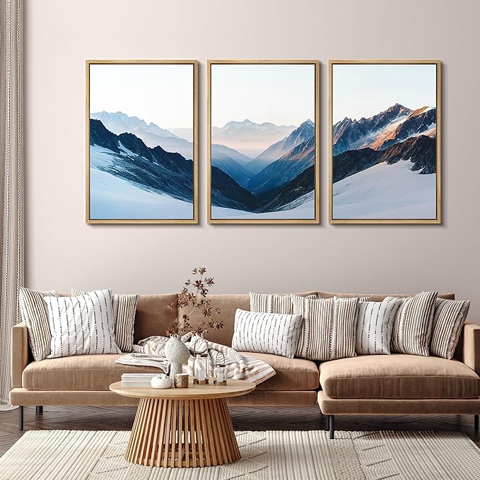 SIGNFORD Framed Wall Art Print Set Snowy Mountain Valley Majestic Winter Alpine Scene Digital Art Modern Art Contemporary for Living Room, Bedroom, Office - 16"x24"x3 Natural