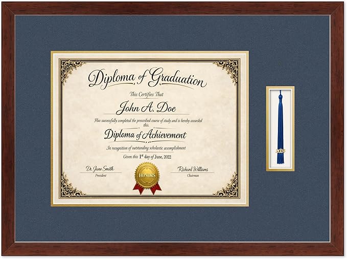 Diploma Frame with Tassel Holder Rustic Walnut Shadowbox Navy Blue Over Gold Mat - Fits 14 x 11 Degree Made in the USA