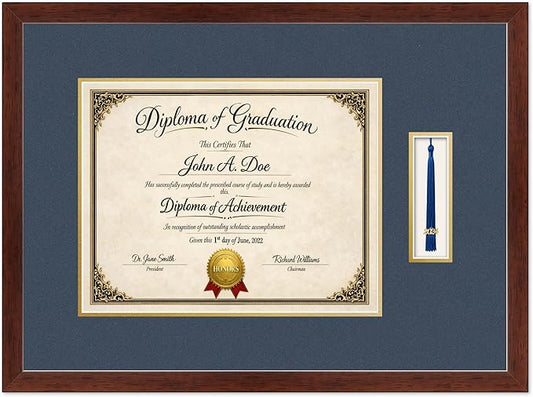 Diploma Frame with Tassel Holder Rustic Walnut Shadowbox Navy Blue Over Gold Mat - Fits 14 x 11 Degree Made in the USA