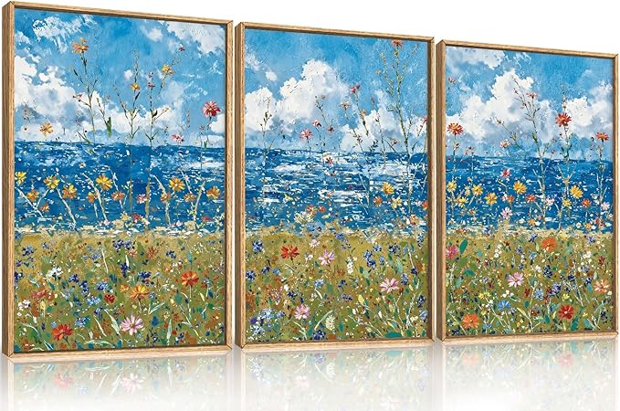 Large Blue Seaside Wildflower Framed Canvas Wall Art,Modern Nature Ocean Wall Decor,Rustic Sky Printing,White Cloud Landscape Artwork for Living Room,Bedroom,Dining Room-24"x36"x3