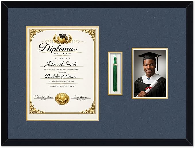 CountryArtHouse Diploma Tassel and Photo Shadowbox Fits 10 x 13 College Diploma (Portrait Traditional) Matte Black Genuine Hardwood with Navy Blue Over Metallic Gold Double mat