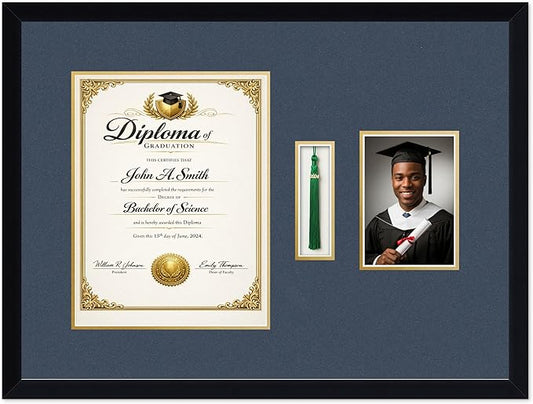 CountryArtHouse Diploma Tassel and Photo Shadowbox Fits 10 x 13 College Diploma (Portrait Traditional) Matte Black Genuine Hardwood with Navy Blue Over Metallic Gold Double mat