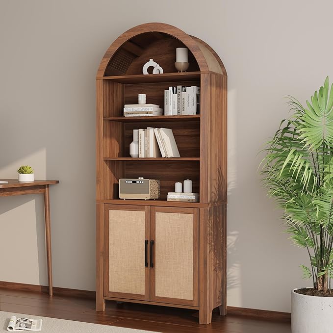 71" Tall Arched Bookcase with Storage, Mid-Century Modern 6-Tier Cabinet with Door, Arched Bookshelf Cabinet with Open Display Storage Shelf for Office Living Room (Walnut)