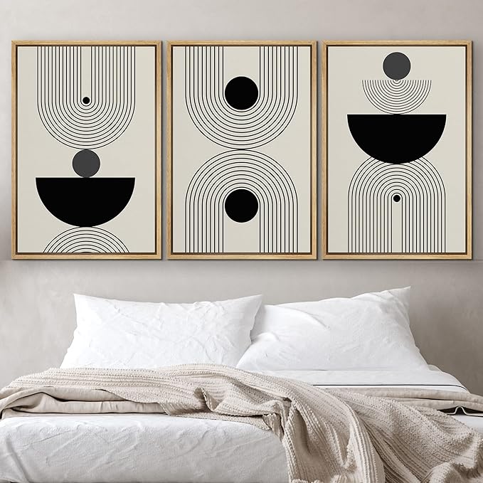 IDEA4WALL Framed Canvas Print Wall Art Set Geometric Dark Circle Striped Polygon Collage Abstract Shapes Illustrations Modern Art Nordic for Living Room, Bedroom, Office - 16"x24"x3 Natural