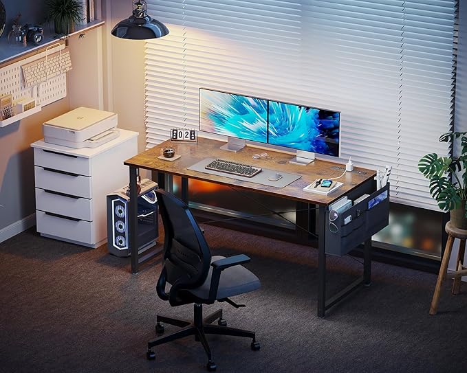 KKL Small Desk with Power Outlets and USB Port Computer Desk for Home Office Gaming Simple Modern Style Writing Desks with Storage Bag Headphone Hook, 48 inch, Rustic Brown
