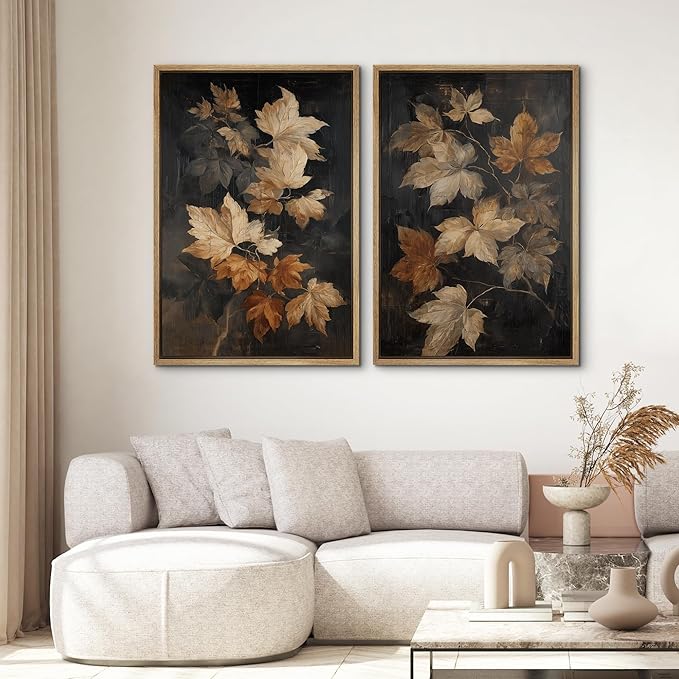 SIGNWIN Framed Canvas Print Wall Art Set Golden Brown Botanical Leaves Vintage Nature Illustrations Modern Art Minimal Boho Relax/Calm for Living Room, Bedroom, Office - 24"x36"x2 Natural