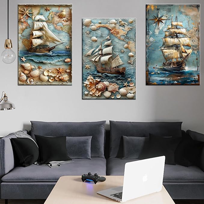 Abstract Sailboat Canvas Wall Art 3 Pieces Large Size Poster Blue Ocean Landscape Nautical Picture Painting Artwork for Living Room Hotel Office Wall Decoration Stretched and Framed [72''Wx 36''H]