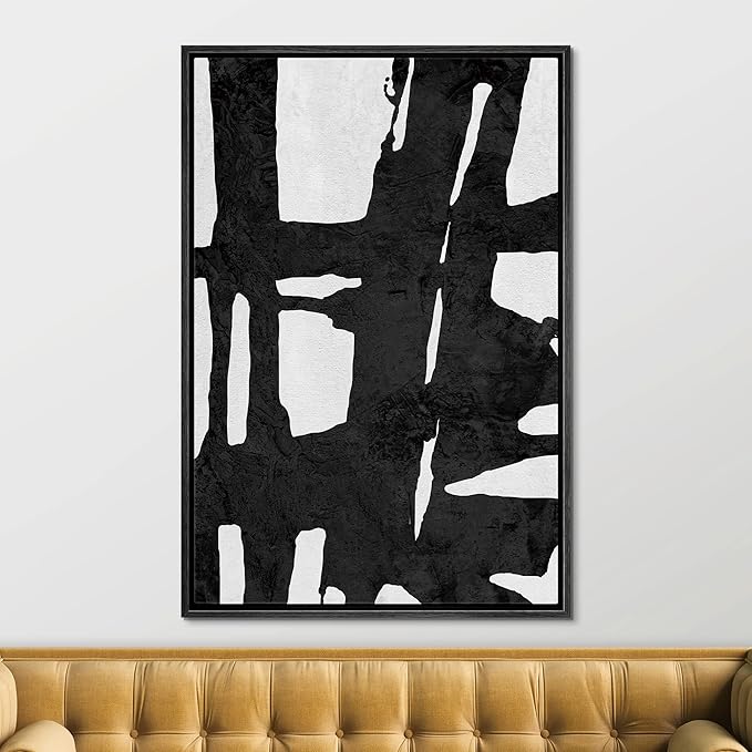 SIGNFORD Framed Canvas Wall Art Bold Ink Stroke with Grid and Texture Abstract Brushstroke Illustrations Minimalism Modern Expressive Black and White for Living Room, Bedroom, Office - 16x24 inches