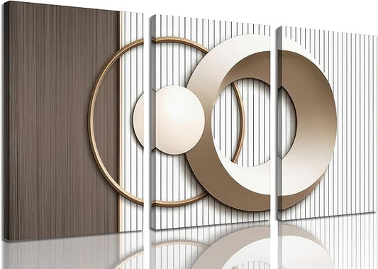 3PCS Modern Geometric Wall Art Set Gold and Beige Abstract Canvas Prints with Solid for Living Room Bedroom Office Minimalist Circle Design Canvas Wall Decor Framed (16inx24in canvas)