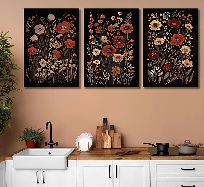 Wavkkey 3 Pcs Dark Floral Canvas Wall Art Vintage Moody Flowers Botanical Posters Painting Picture Wall Decor Print Artwork for Living Room Bedroom Women Room Home Decoration