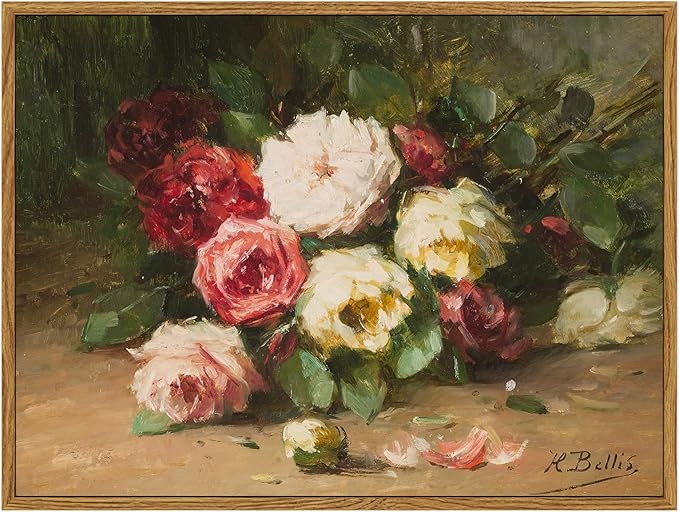 ARPEOTCY Vintage Framed Canvas Wall Art, Red Roses Floral Paintings Canvas Art Decor Aesthetic, Retro Flower Still Life Wall Pictures for Room Decoration, 12x16 Inch