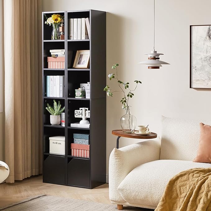 IBUYKE 6 Tier Narrow Bookcase with Doors, Cube CD DVD Storage Cabinet,Slim Media Tower Rack,Cabinet,Black Bookcase Display Storage Shelves for Small Spaces,for Home Office Black UWBC001B