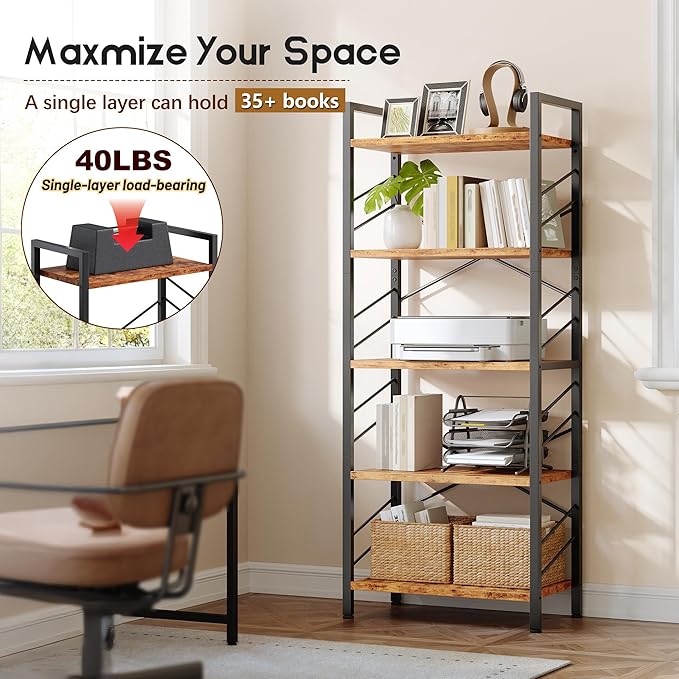 Book Shelf, Industrial 5 Tier Tall Bookshelf, Modern Display Storage Shelves with Metal Frame and Sidebars, Bookcase for Bedroom, Living Room and Home Office, Rustic Brown
