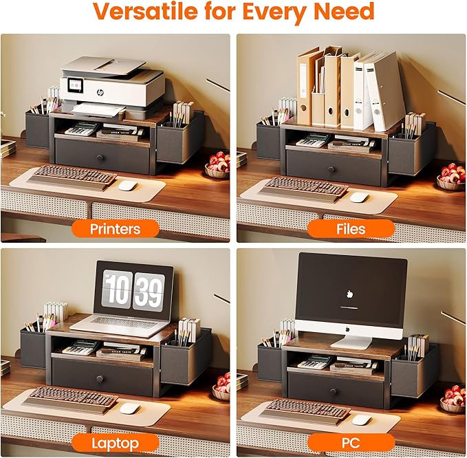 Homeiju Desk Organizers and Accessories, 3-Tier Computer Monitor Stand Riser with Fabric Drawer & 6 Pen Holder, Office Desk Accessories Workspace Desktop Organizer for Office Supplies, Rustic Brown