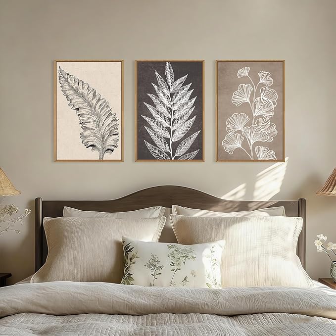 HOURIA Abstract Boho Fern Leaf Floral Framed Canvas Wall Art Set,Vintage Botanical Leaves Wildflower Decor,Modern Minimalist Nature Inspired Beige & Brown Artwork for Living Room,Farmhouse-16 x24 x3