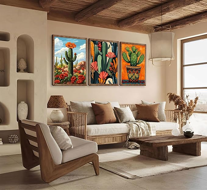 XXOUYLQ 3pcs Mexican Cactus Canvas Wall Art Vintage Desert Floral Posters Boho Southwestern Botanical Pictures Cactus in the desert Wall Decor Paintings Southwestern Potted Plants Prints unframed
