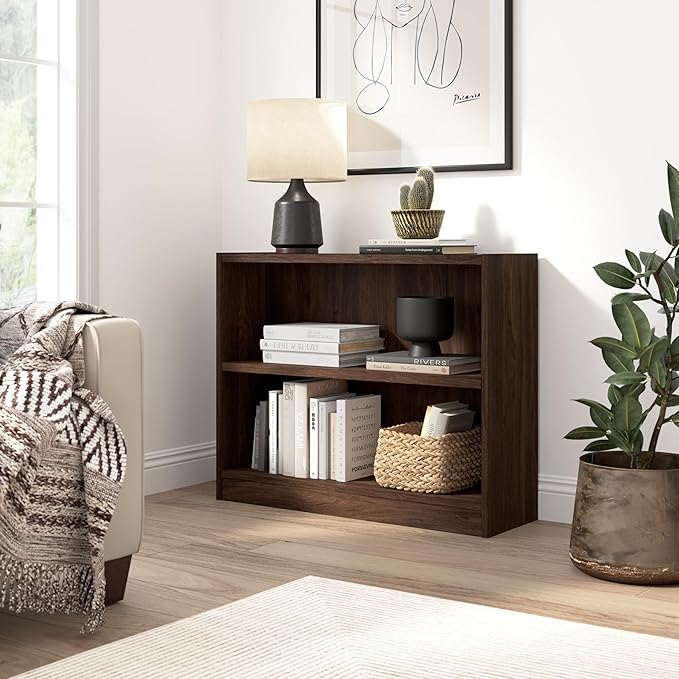 Bush Home Universal Small 2 Shelf Bookcase in Black Walnut, Low Storage and Display Bookshelf for Home Office or Living Room Organization