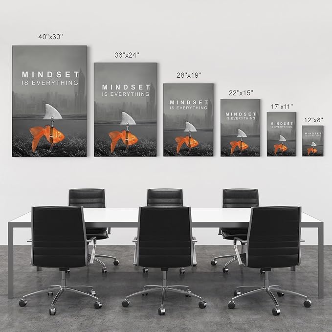 Smile Art Design Mindset is Everything Wall Art Canvas Print Black and White Goldfish Shark Entrepreneur Inspirational Motivational Quote Living Room Office Decor Ready to Hang 36x24