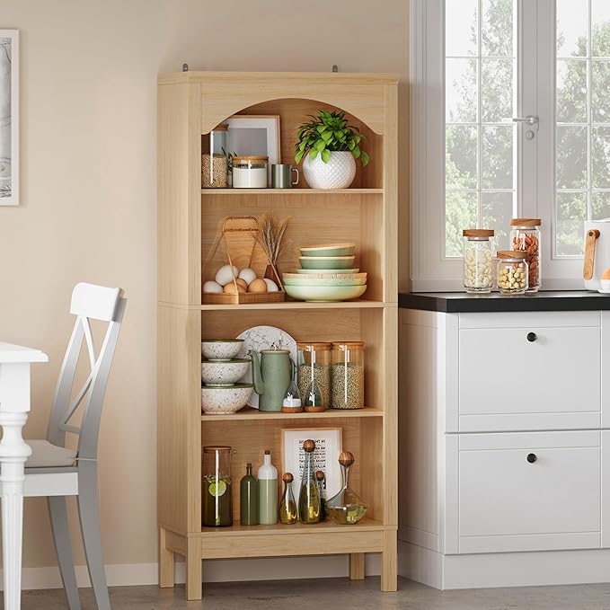 Arched Bookshelf with 4 Tier Open Shelves, 56" Tall Wood Bookcase with Adjustable Shelves, 24" Wide Floor Standing Display Storage Shelf for Home Office, Kitchen, Study and Living Room, Natural Oak