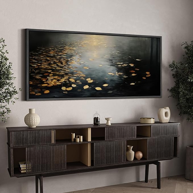 SIGNFORD Extra Large Framed Canvas Print Wall Art Moody Water Reflection with Floating Leaves Illustrations Modern Art Calm Warm for Living Room, Bedroom, Office - 60"x30"
