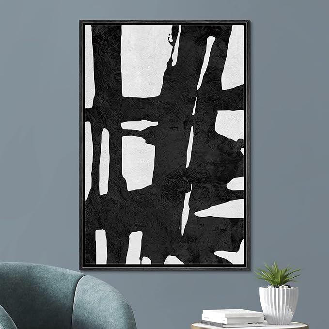 SIGNFORD Framed Canvas Wall Art Bold Ink Stroke with Grid and Texture Abstract Brushstroke Illustrations Minimalism Modern Expressive Black and White for Living Room, Bedroom, Office - 24x36 inches