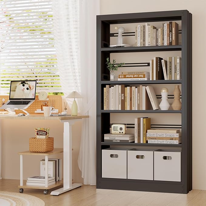 5-Tier Metal White Bookshelf, 71" Tall Library Bookshelf, White Bookshelf with Adjustable Storage Shelves, Modern Bookcase for Living Room, Library, Office, or Bedroom, Includes Book Stoppers (Black)
