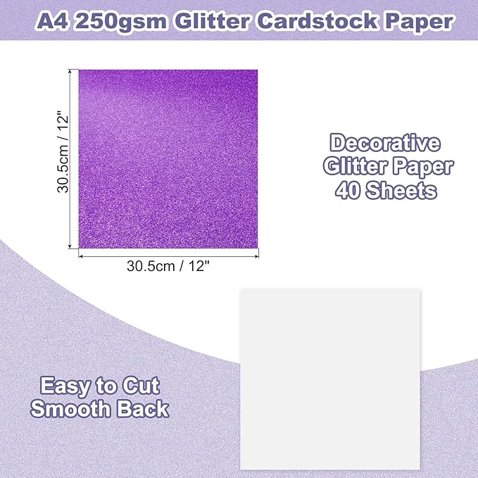 PATIKIL 40Sheets Purple Glitter Cardstock, 12x12In Glitter Paper Card Stock Shiny Scrapbook 250gsm Sparkly Paper Large Shimmer for Crafts Scrapbook DIY Art Wedding Party