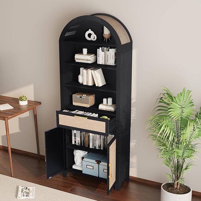 79" Tall Arched Bookcase with Storage, Mid Century Modern 6-Tier Cabinet with Door and Drawer, Arched Bookshelf with Open Display Shelf for Office Living Room(Black, 79inch-Doors)