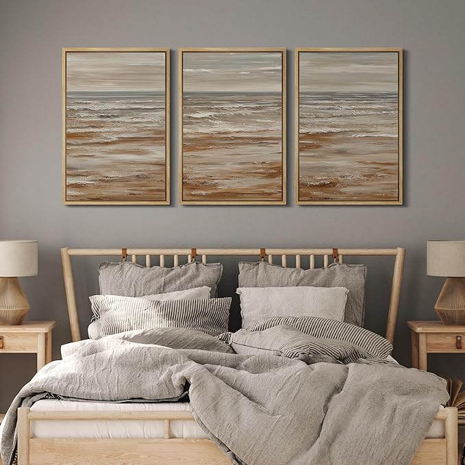 MUDECOR Framed Wall Art Print Set Neutral Coastal Seascape Minimalist Ocean Waves and Sandy Shore Illustrations Modern Art Boho Decorative for Living Room, Bedroom, Office - 24"x36"x3 NATURAL