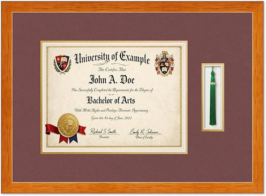 Diploma and Tassel Frame Fits 13 x 10 College Diploma (Traditional) with Tassel Honey Oak Genuine Hardwood Shadowbox with Dark Red Over Metallic Gold Double mat