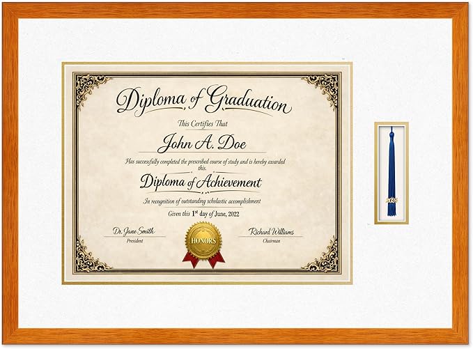 Diploma Frame with Tassel Holder Honey Oak Shadowbox Oyster Shell Over Gold Mat - Fits 17 x 13 Degree Made in the USA