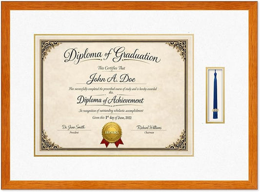 Diploma Frame with Tassel Holder Honey Oak Shadowbox Oyster Shell Over Gold Mat - Fits 17 x 13 Degree Made in the USA