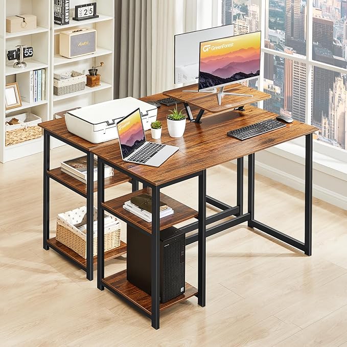 GreenForest Computer Desk with Monitor Stand,47 inch Home Office Desk with Reversible Storage Shelves Modern Writing Study Work Table,Easy Assembly,Walnut