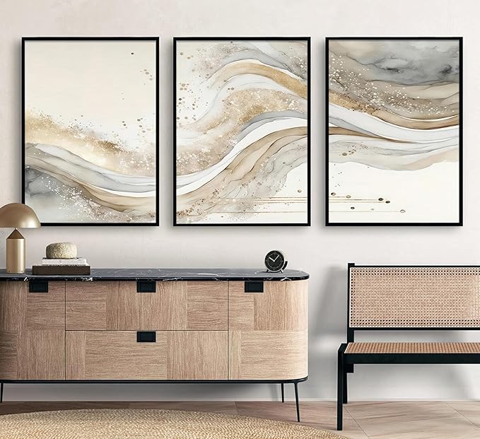 3Pcs Gold Abstract Marble Canvas Wall Art Modern Grey and Gold Fluid Painting Picture Wall Decor neutral Marble Poster Print Artwork for Bedroom Living Room Office Hotel Home Decoration
