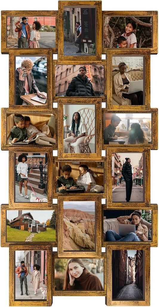 J.M.Deco Collage Picture Frames for Wall Decor, 18-Opening Family Picture Frame Set, One-Piece Photo Frames for Living Room, Bedroom, Gallery, Retro Gold