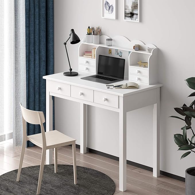 ADORNEVE Writing Desk with 7 Drawers, Home Office Desk with Hutch, Student Desk Study Table, Small White Desks, Solid Pine Wood Legs