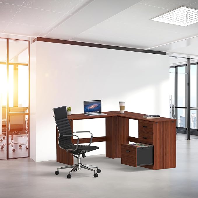 SHW 51 x 59 Inches L-Shaped Home Office Wood Corner Desk with Box Box File Drawers, Walnut