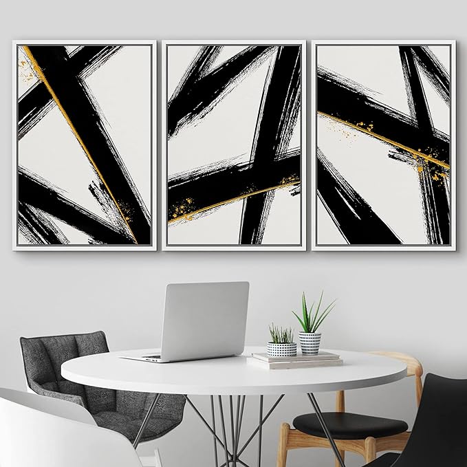 IDEA4WALL Framed Canvas Print Wall Art Set Black Gold Geometric Graffiti Paint Stripes Abstract Shapes Illustrations Modern Art Contemporary for Living Room, Bedroom, Office - 16"x24"x3 White