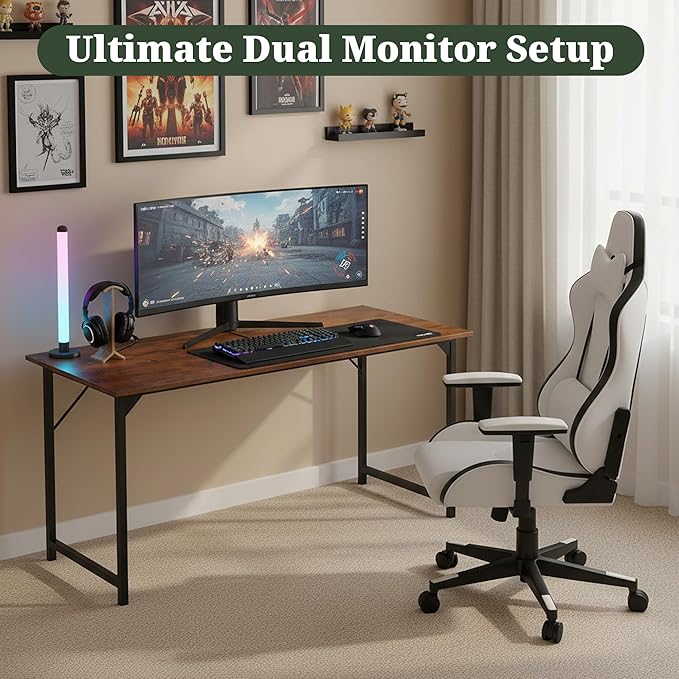 Computer Desk 63 Inch, Simple Large Home Office Desk Study Writing Table, Sturdy Metal Frame, Scratch-Resistant MDF Desktop for Bedroom Dorm Workspace, Brown
