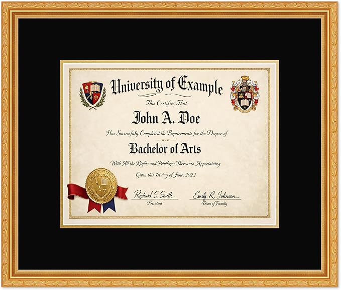 CountryArtHouse Diploma Frame Fits 13 x 10 College Diploma (Traditional) - Keepsake Graduation Display Museum Gold Genuine Hardwood with Black Over Metallic Gold Double mat